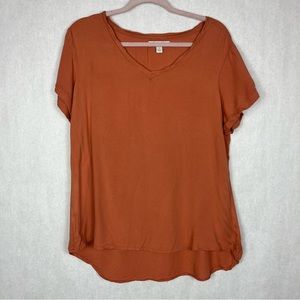 Alexander Jordan Womens V-neck High Low Blouse Coral Color Short Sleeves Size L